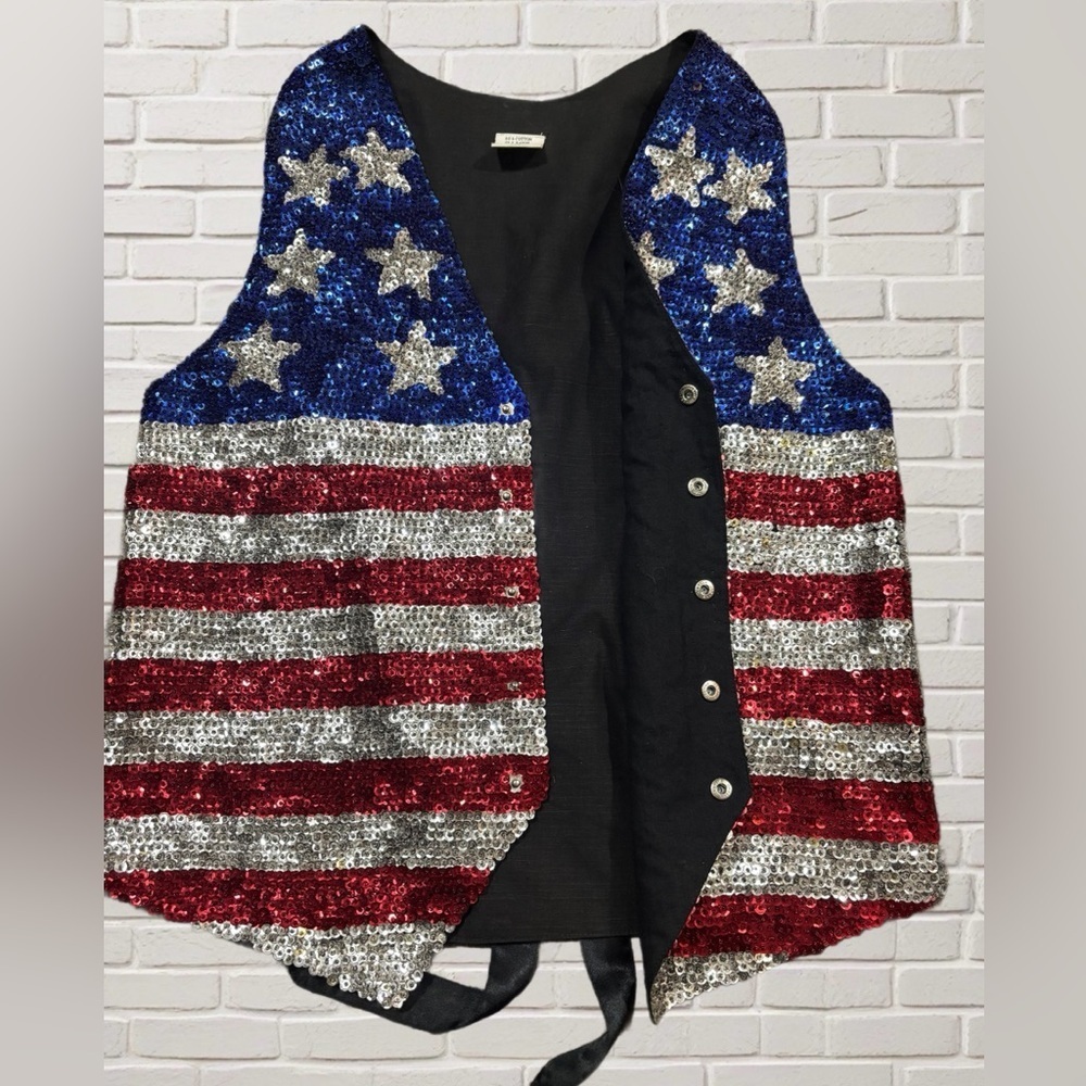 Vintage Sequin Vest Blue Silver Red Patriotic Sparkle Top Medium 80s 90s Glam - Picture 2 of 5